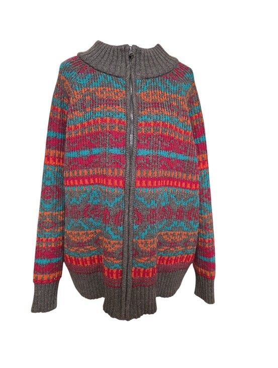 NorthStyle Sweaters - NorthStyle Boho Cottagecore Zip-Up Knit Cardigan in Gray, Teal & Magenta 1X